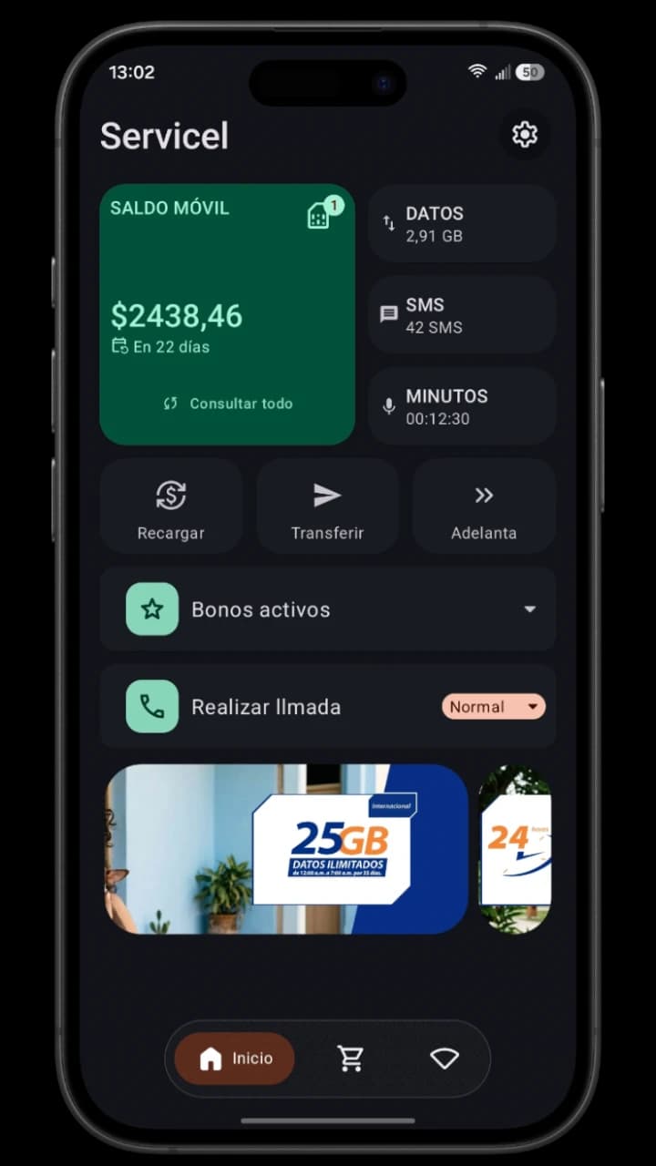 La pantalla principal de Servicel
