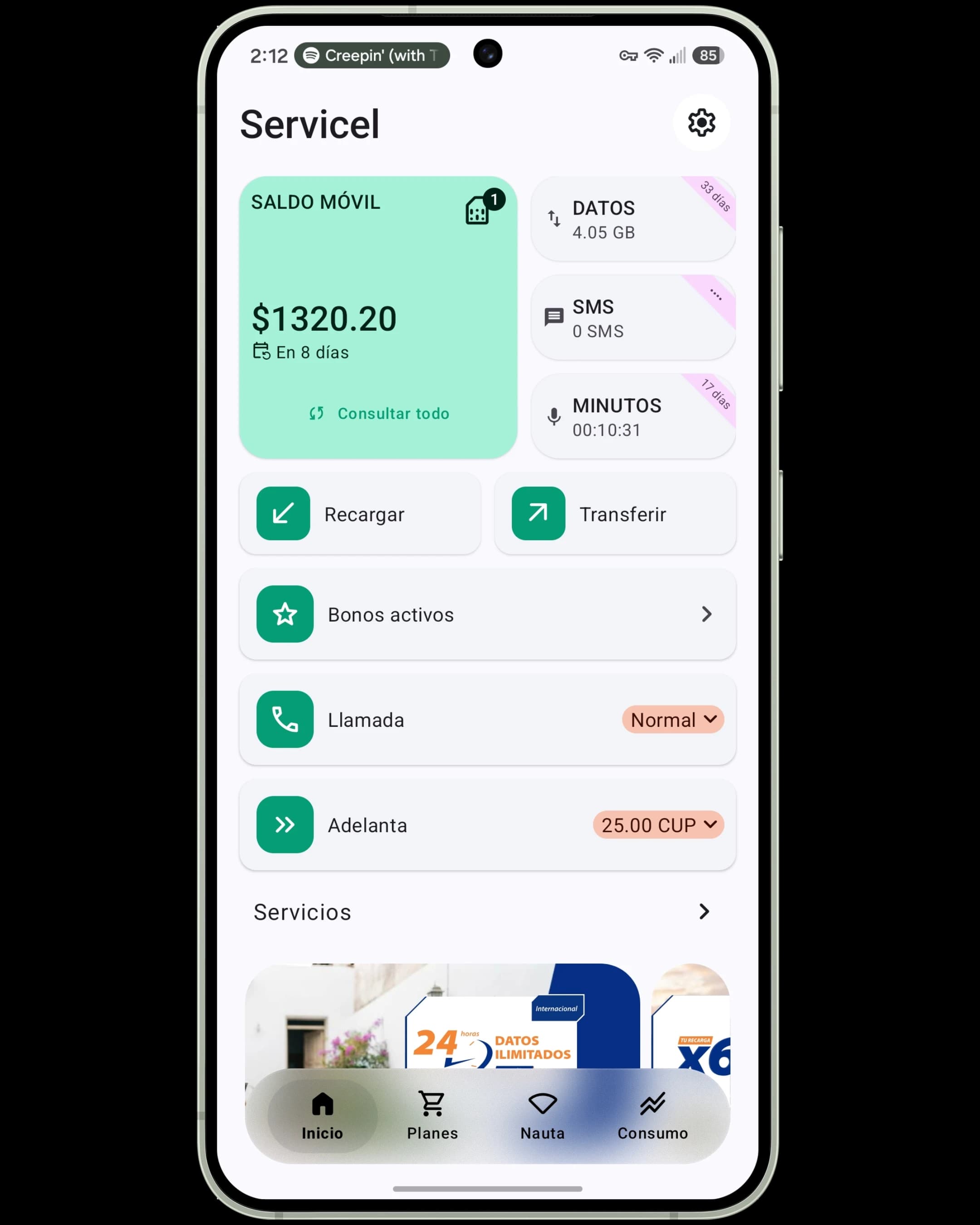 Pantalla principal de Servicel con saldo, datos, minutos y SMS